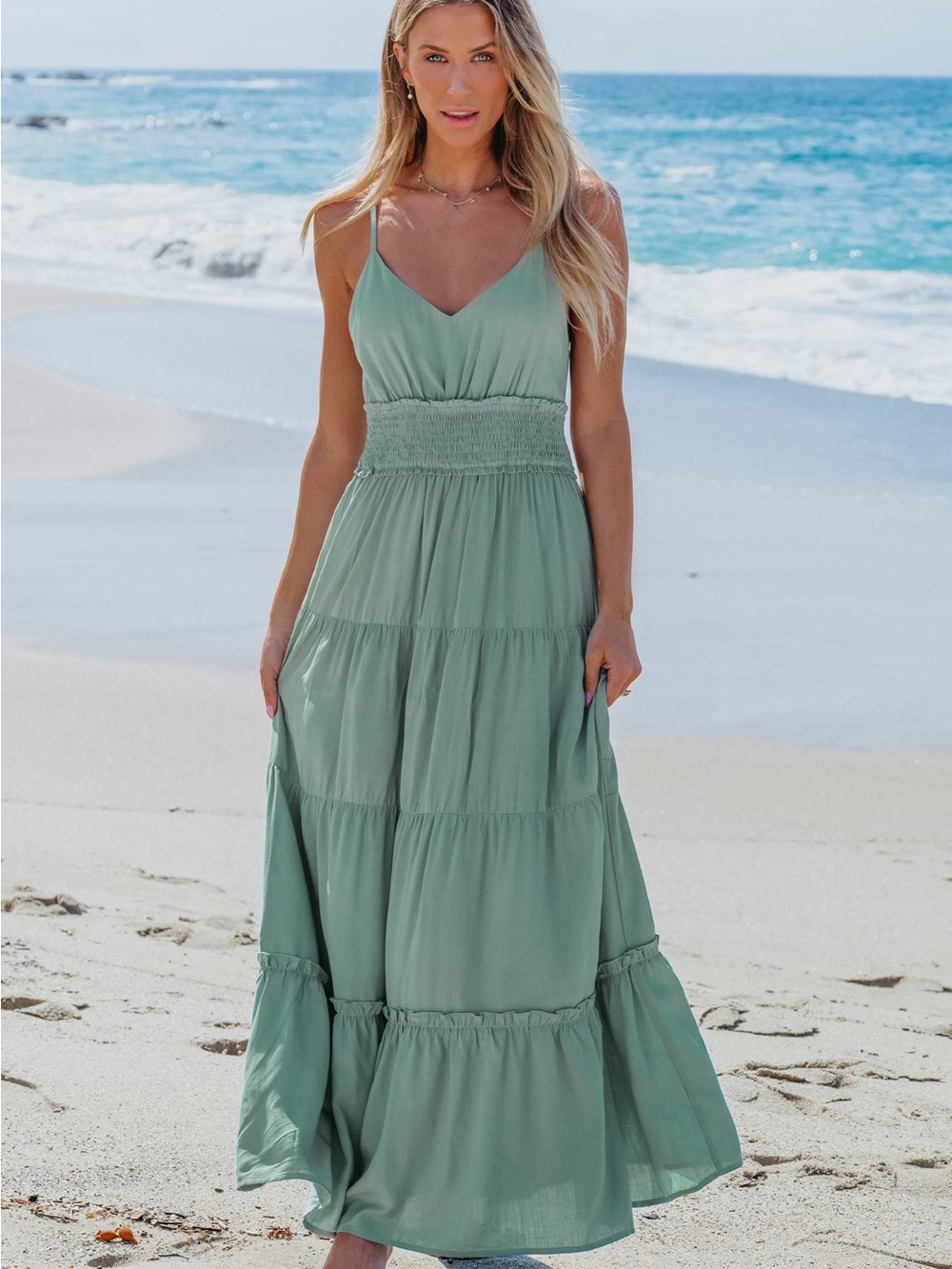 Cupshe Sage Green Smocked Waist Maxi Dress - Women